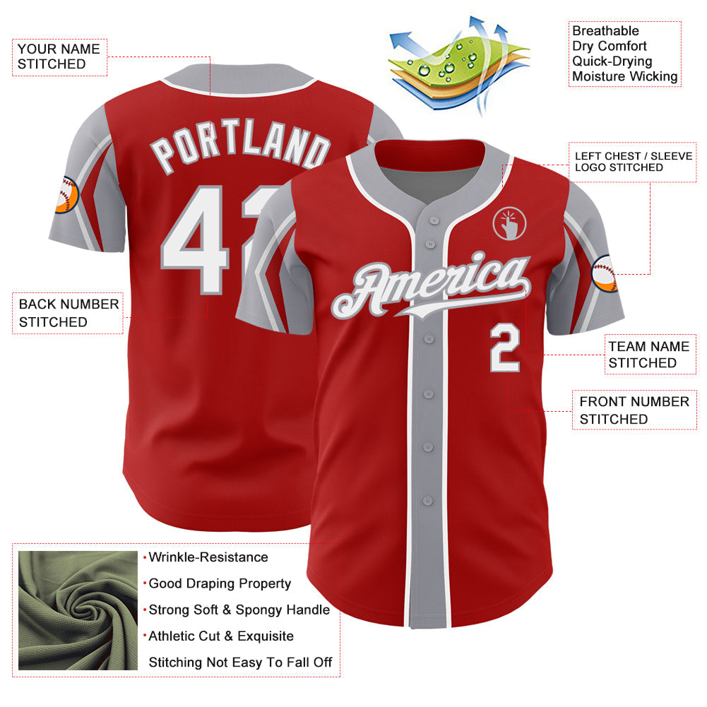 Custom Red White-Gray 3 Colors Arm Shapes Authentic Baseball Jersey view 4