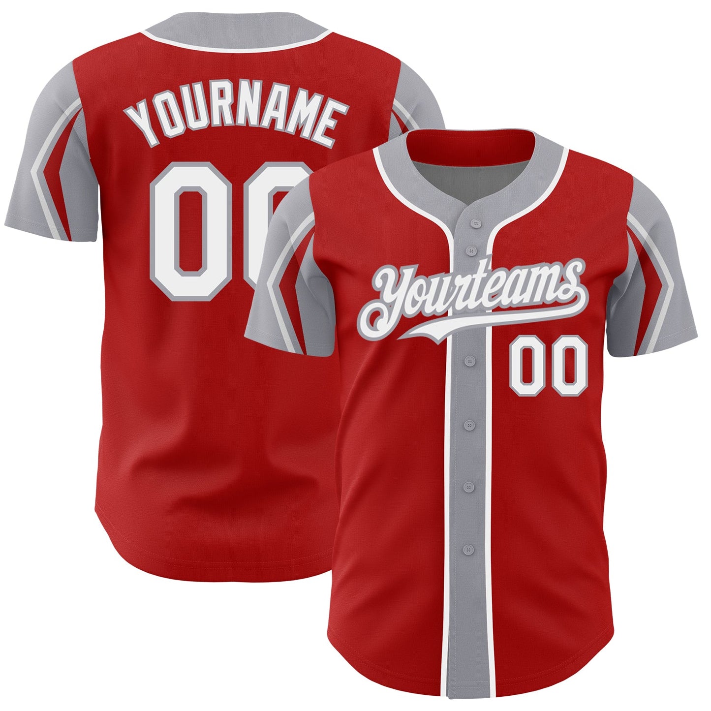 Custom Red White-Gray 3 Colors Arm Shapes Authentic Baseball Jersey - Main View