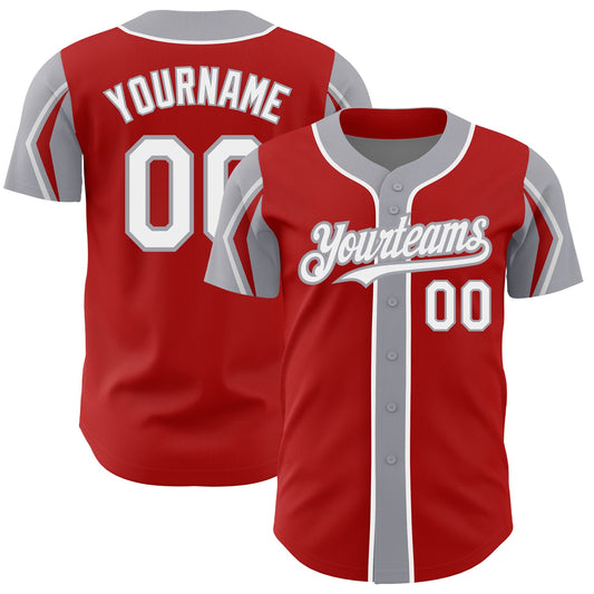 Custom Red White-Gray 3 Colors Arm Shapes Authentic Baseball Jersey - Main View