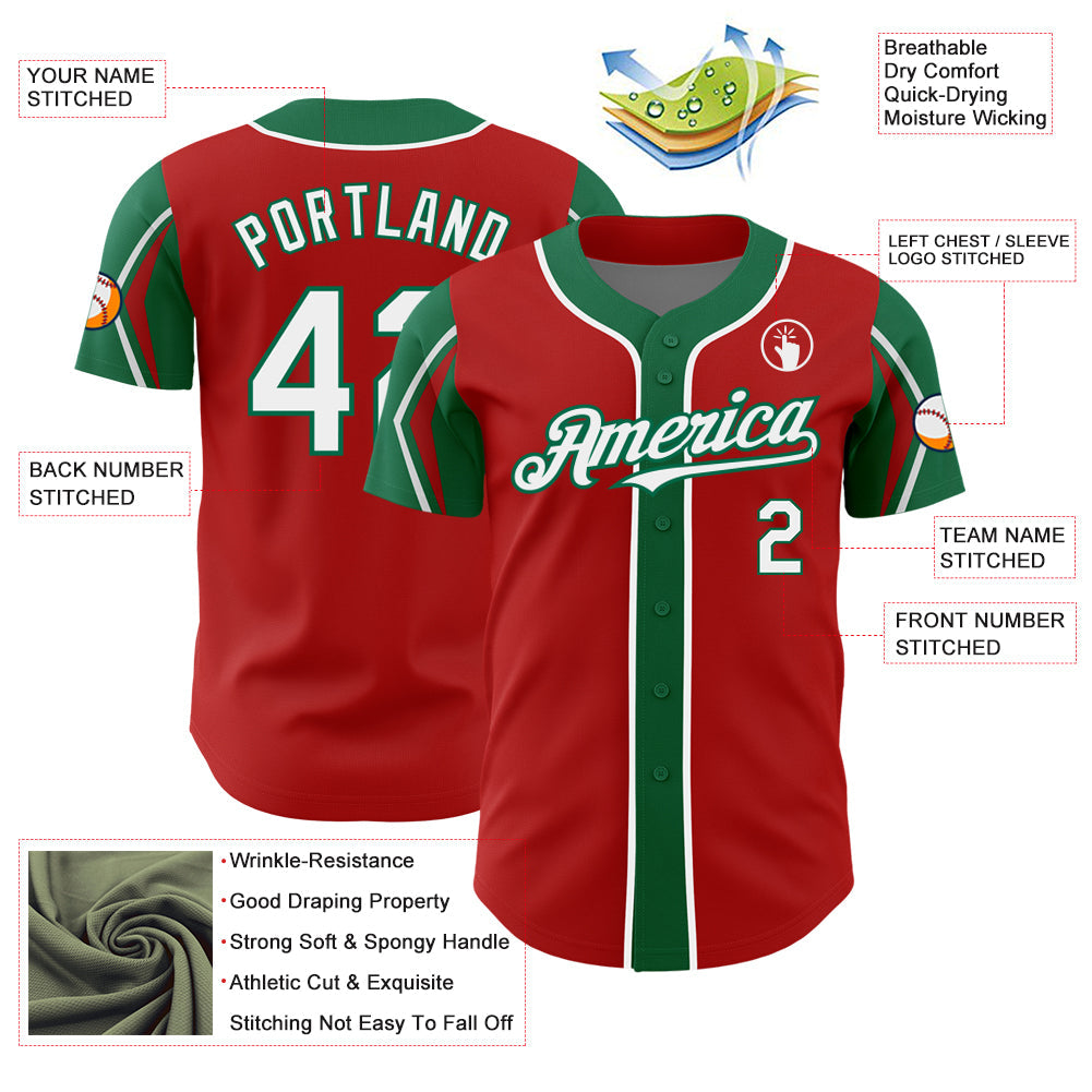 Custom Red White-Kelly Green 3 Colors Arm Shapes Authentic Baseball Jersey view 4