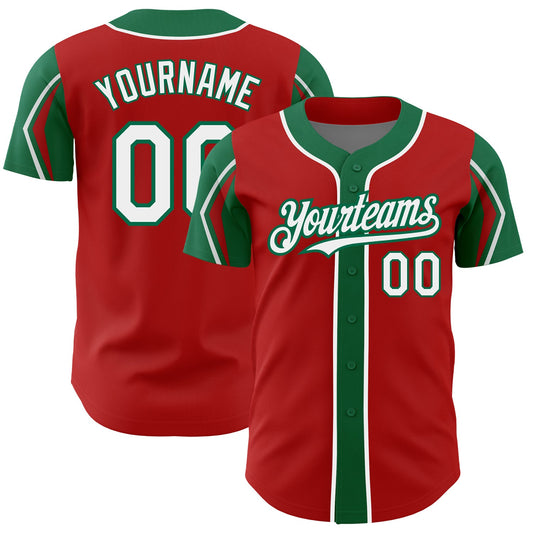 Custom Red White-Kelly Green 3 Colors Arm Shapes Authentic Baseball Jersey - Main View