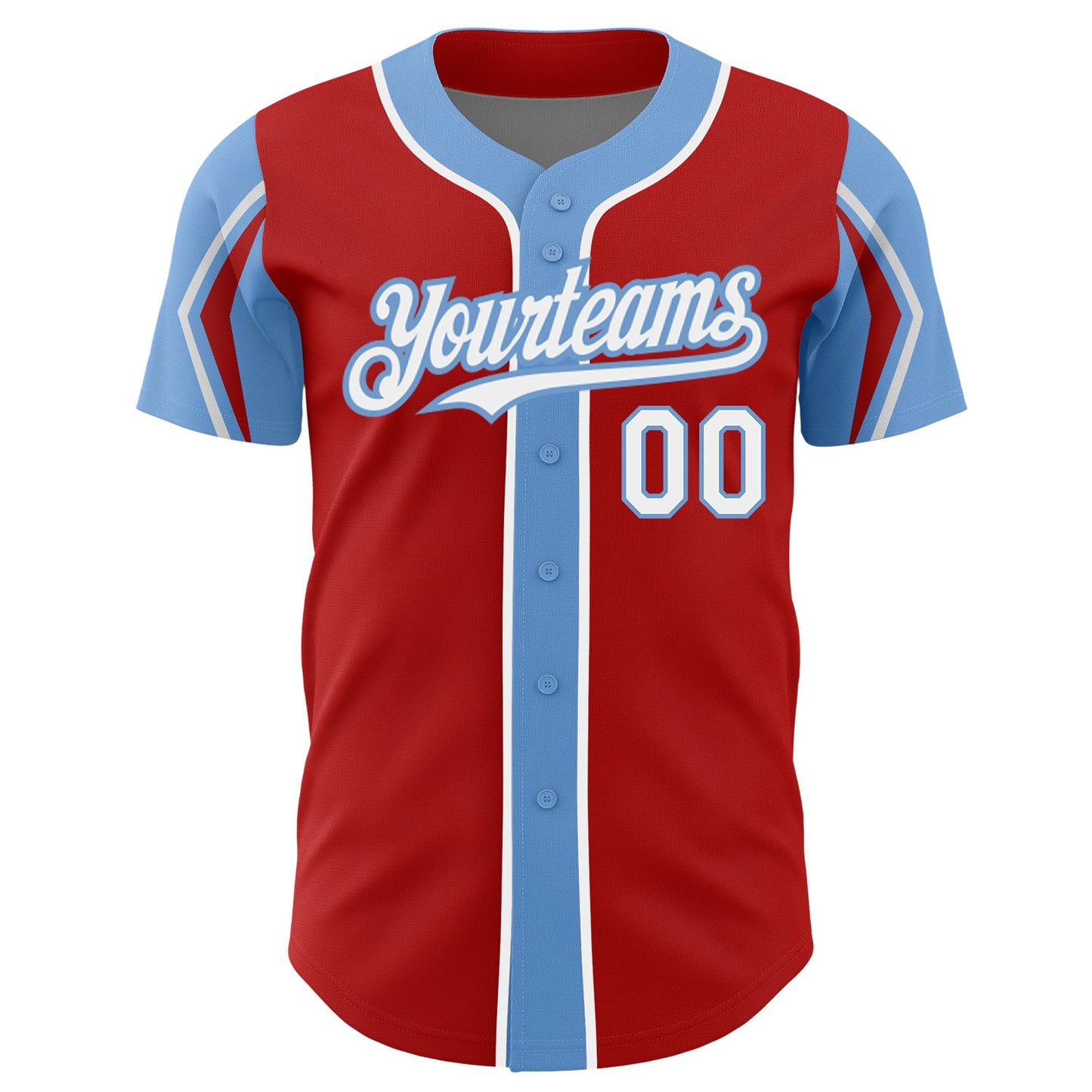 Custom Red White-Light Blue 3 Colors Arm Shapes Authentic Baseball Jersey view 3