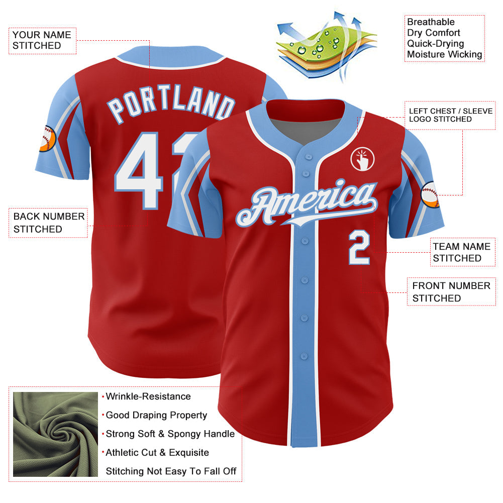 Custom Red White-Light Blue 3 Colors Arm Shapes Authentic Baseball Jersey view 4