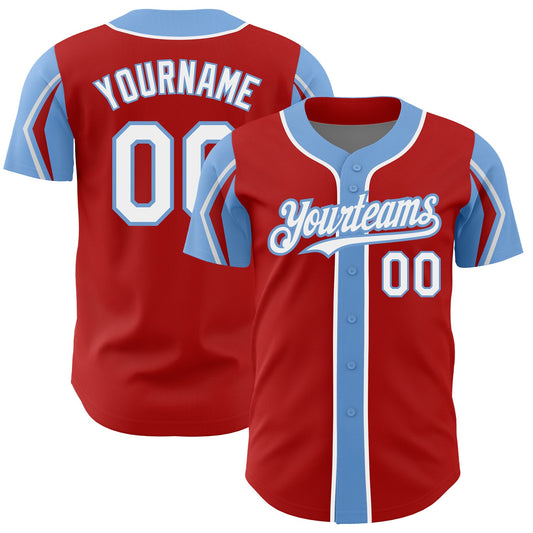 Custom Red White-Light Blue 3 Colors Arm Shapes Authentic Baseball Jersey - Main View