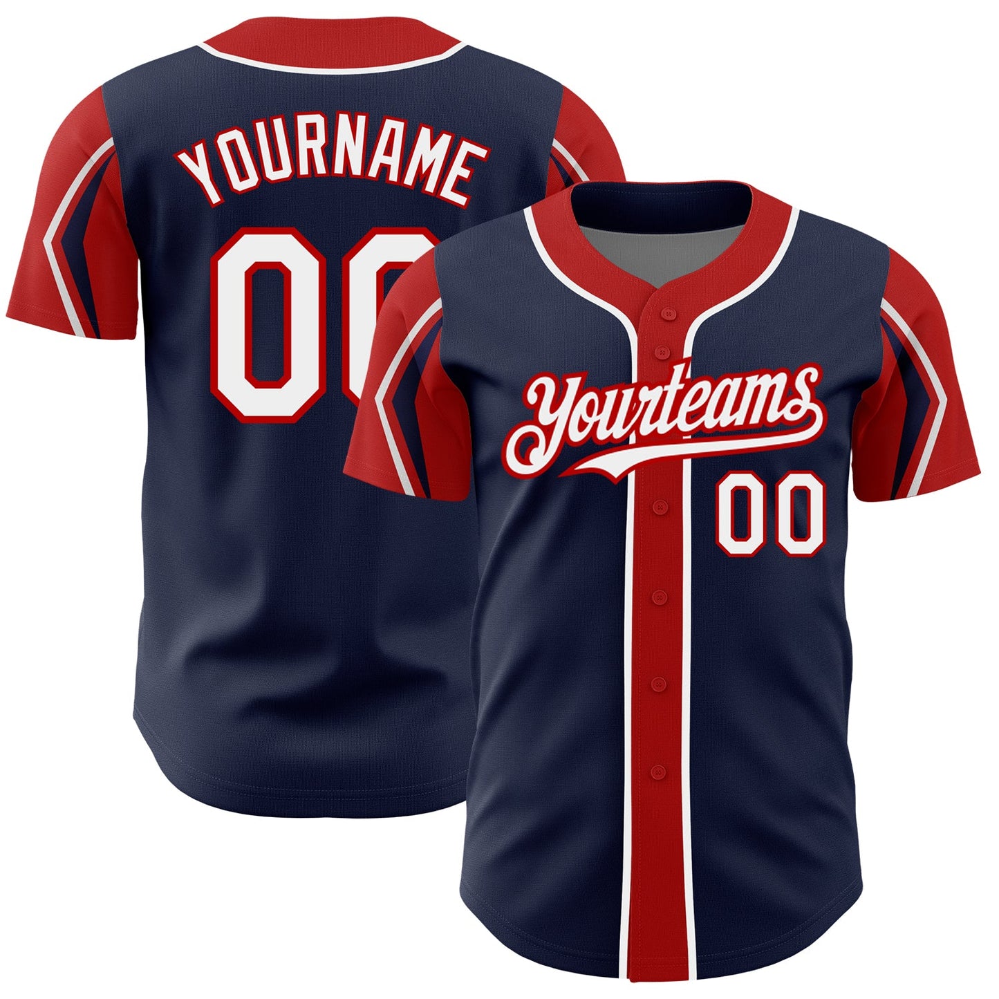 Custom Navy White-Red 3 Colors Arm Shapes Authentic Baseball Jersey - Main View