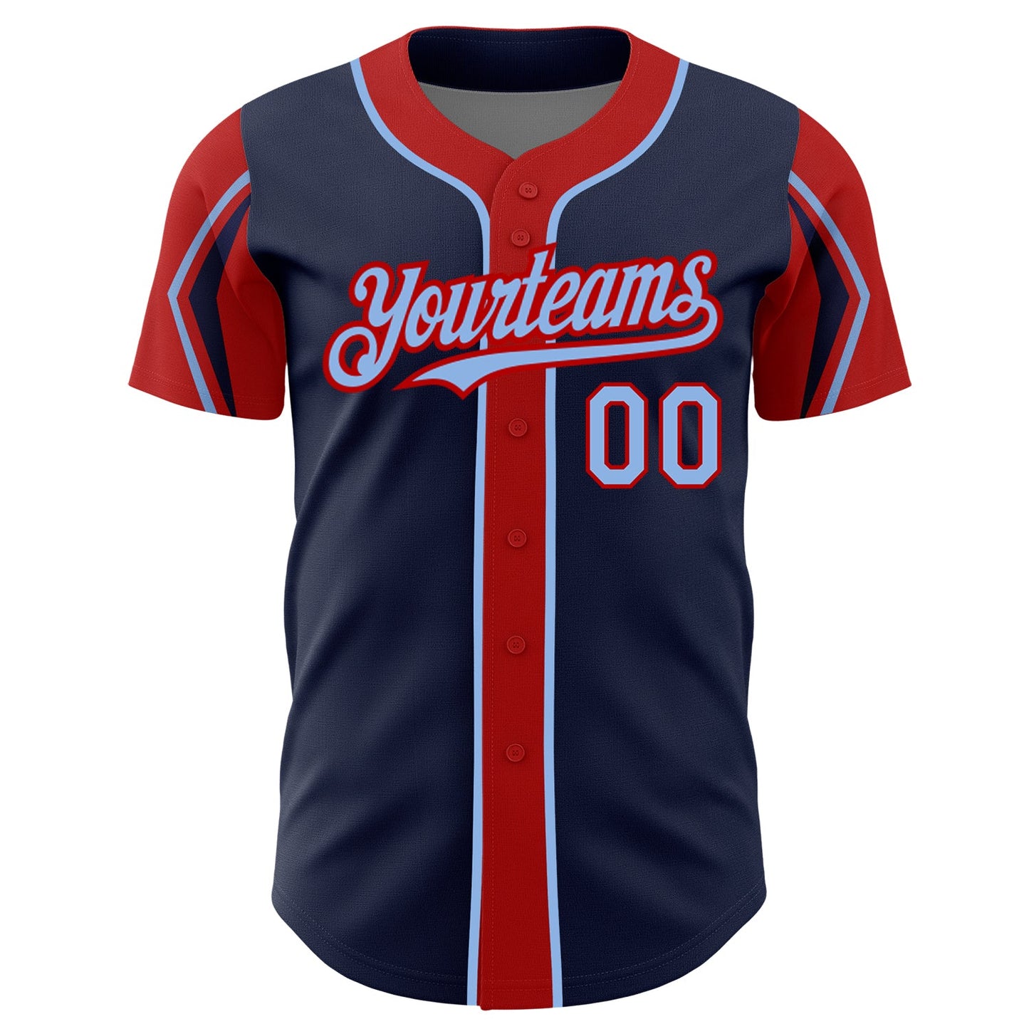 Custom Navy Light Blue-Red 3 Colors Arm Shapes Authentic Baseball Jersey view 3