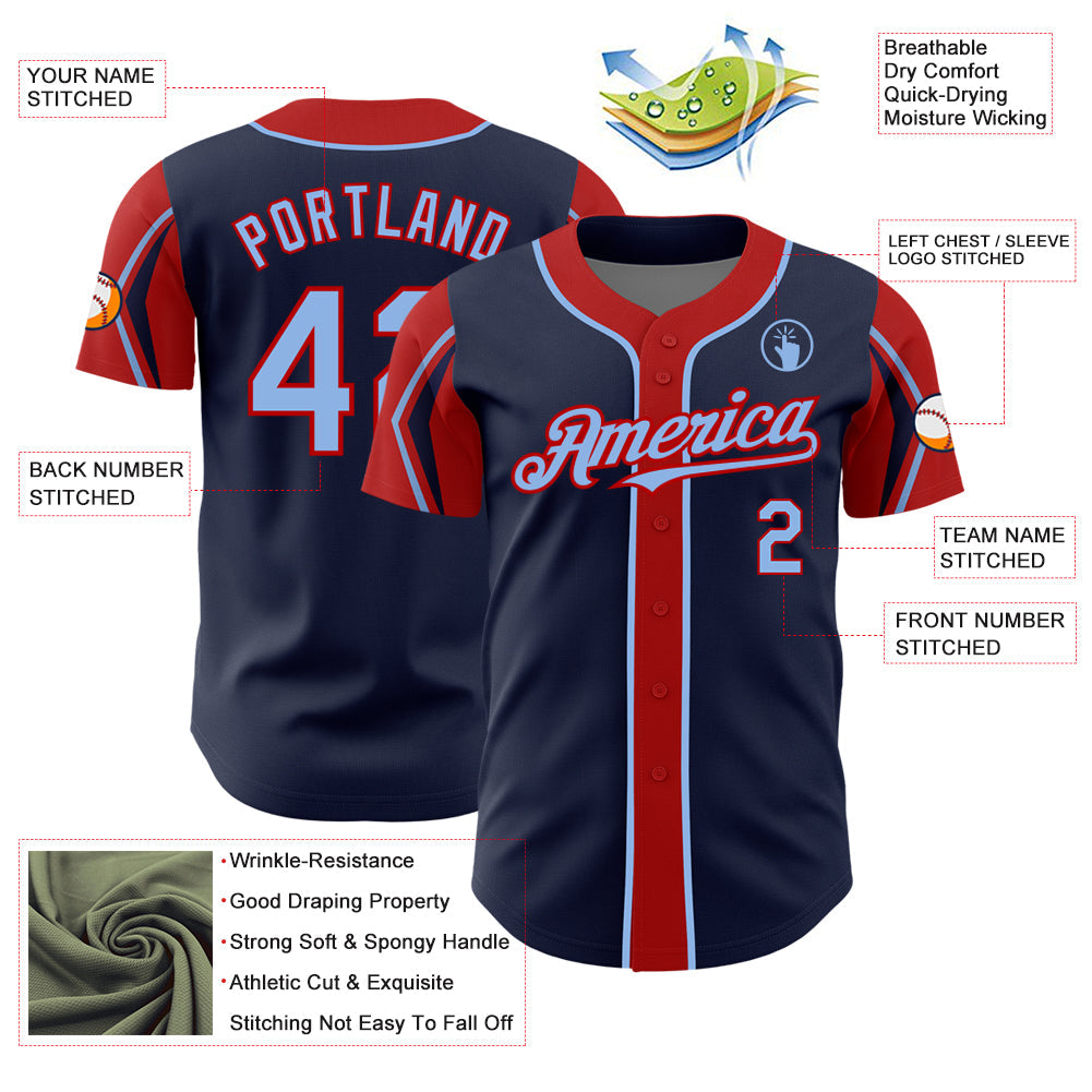 Custom Navy Light Blue-Red 3 Colors Arm Shapes Authentic Baseball Jersey view 4