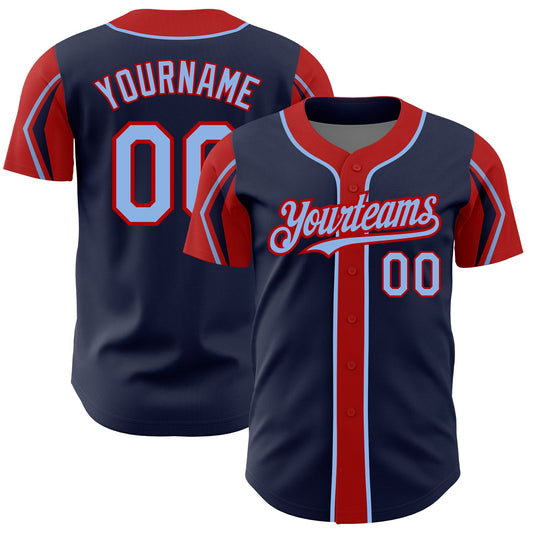 Custom Navy Light Blue-Red 3 Colors Arm Shapes Authentic Baseball Jersey - Main View