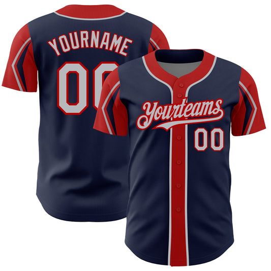 Custom Navy Gray-Red 3 Colors Arm Shapes Authentic Baseball Jersey - Main View