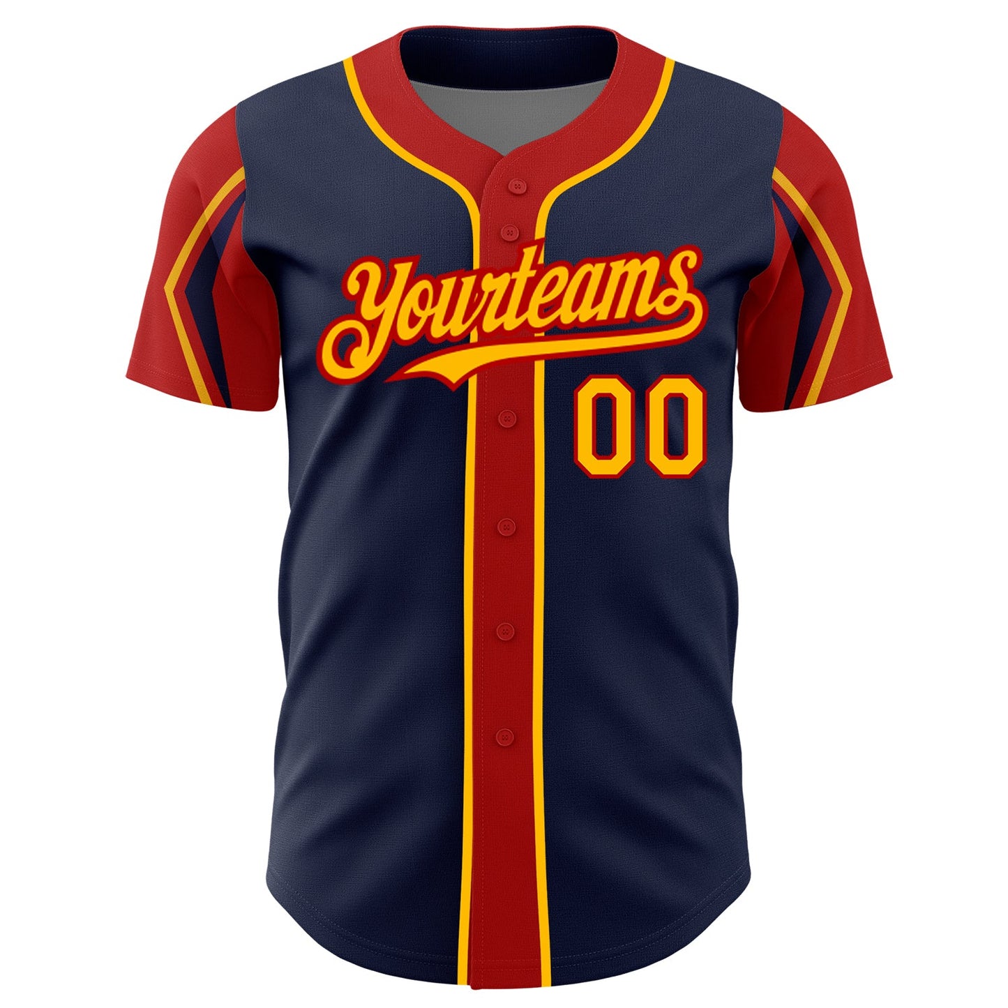 Custom Navy Gold-Red 3 Colors Arm Shapes Authentic Baseball Jersey view 3