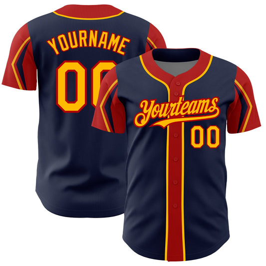 Custom Navy Gold-Red 3 Colors Arm Shapes Authentic Baseball Jersey - Main View