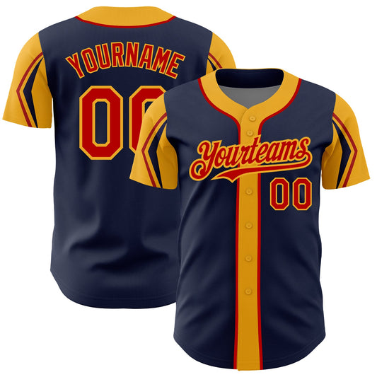 Custom Navy Red-Gold 3 Colors Arm Shapes Authentic Baseball Jersey - Main View