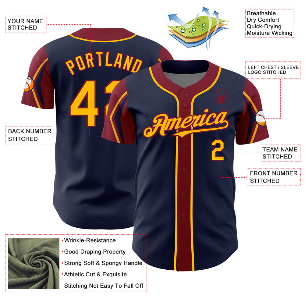 Custom Navy Gold-Crimson 3 Colors Arm Shapes Authentic Baseball Jersey view 4