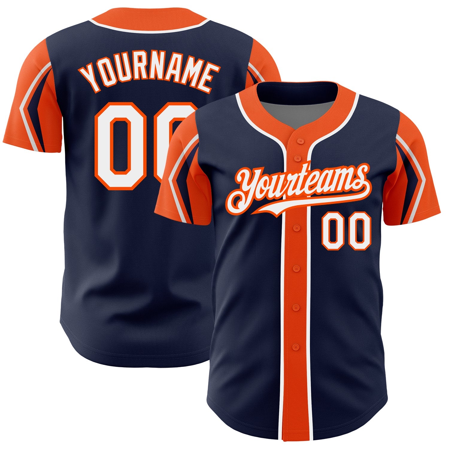 Custom Navy White-Orange 3 Colors Arm Shapes Authentic Baseball Jersey - Main View