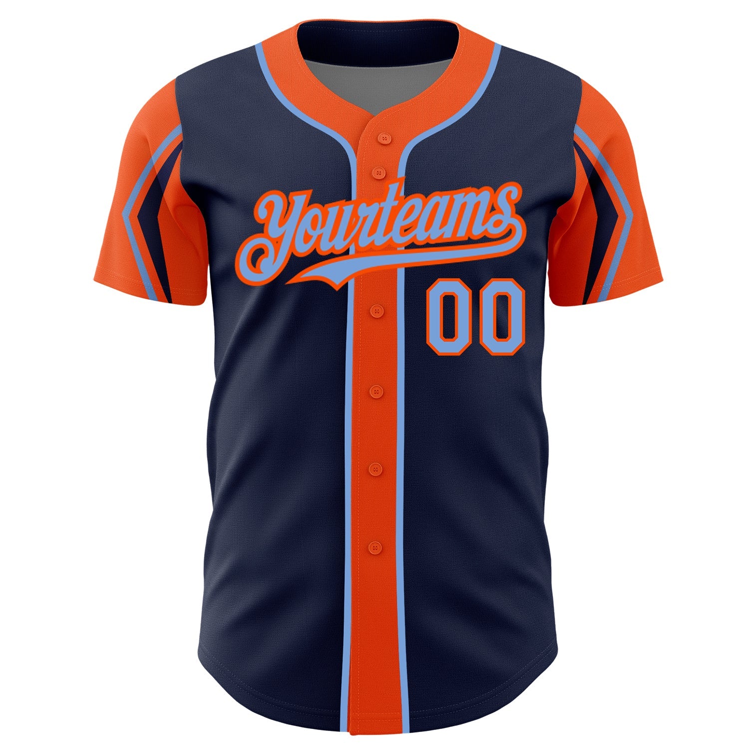 Custom Navy Powder Blue-Orange 3 Colors Arm Shapes Authentic Baseball Jersey view 3