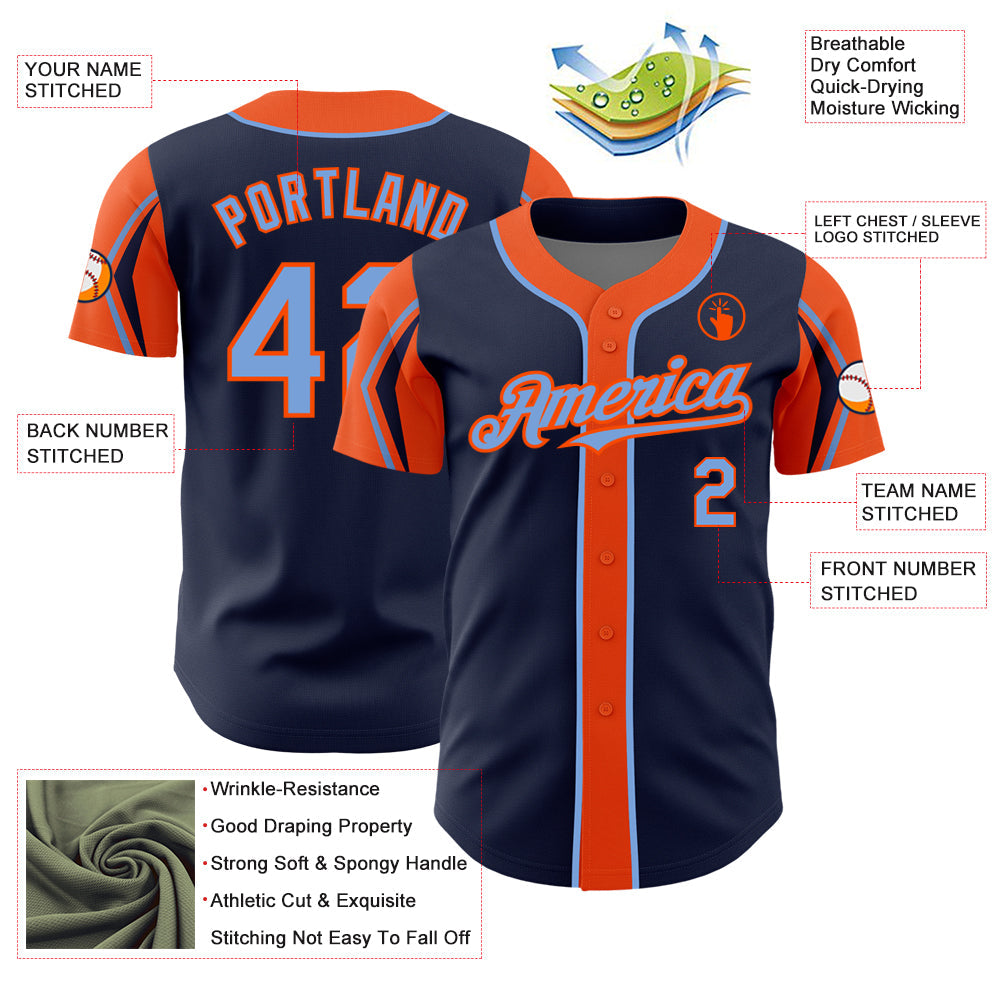 Custom Navy Powder Blue-Orange 3 Colors Arm Shapes Authentic Baseball Jersey view 4