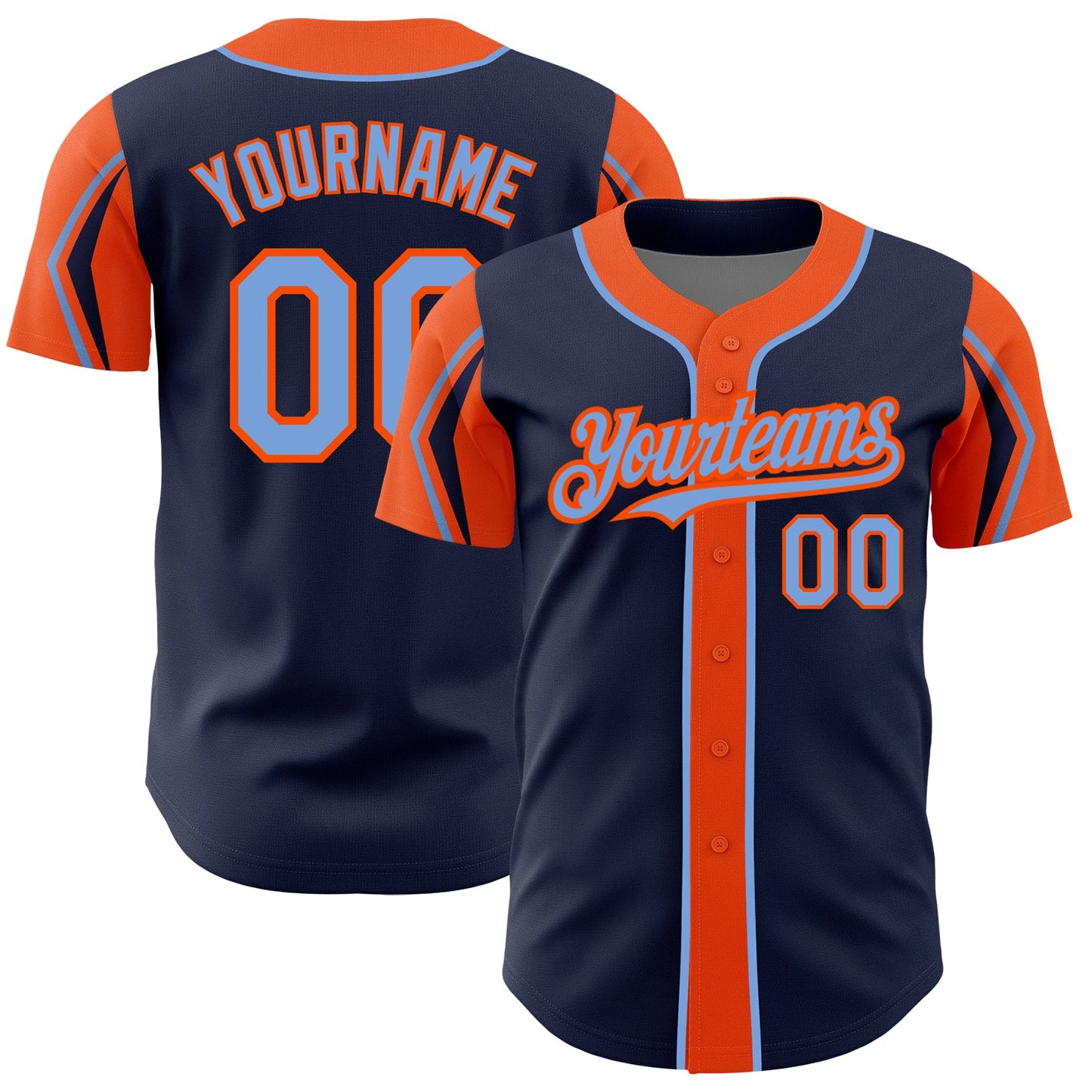 Custom Navy Powder Blue-Orange 3 Colors Arm Shapes Authentic Baseball Jersey - Main View