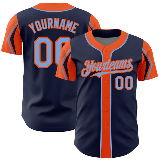 Custom Navy Powder Blue-Orange 3 Colors Arm Shapes Authentic Baseball Jersey - Main View