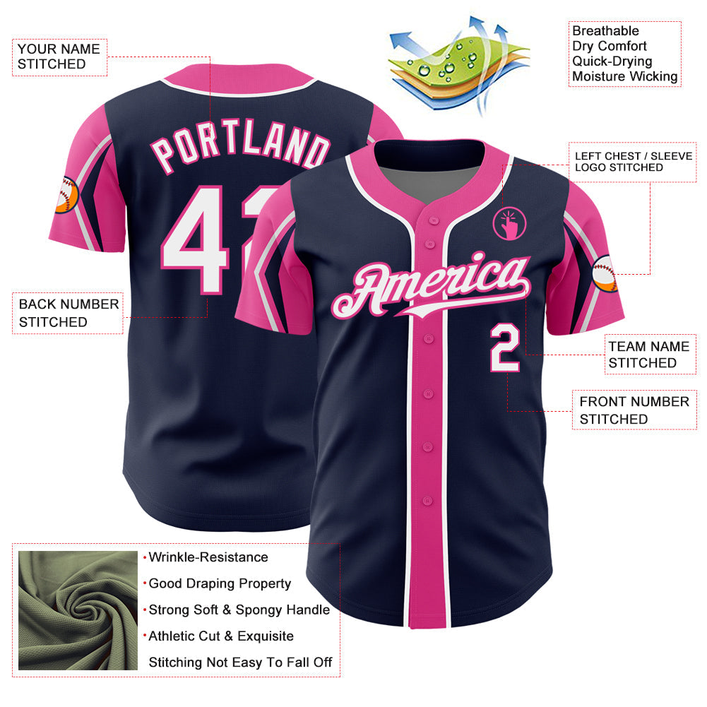 Custom Navy White-Pink 3 Colors Arm Shapes Authentic Baseball Jersey view 4