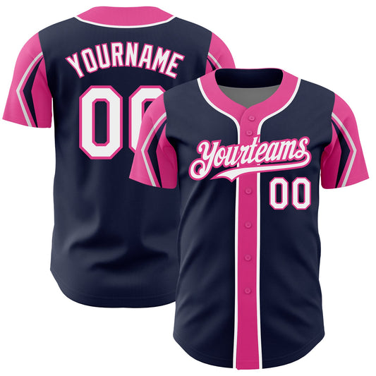 Custom Navy White-Pink 3 Colors Arm Shapes Authentic Baseball Jersey - Main View