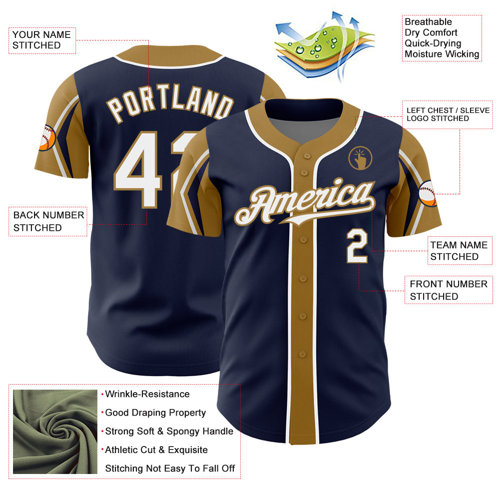 Custom Navy White-Old Gold 3 Colors Arm Shapes Authentic Baseball Jersey view 4