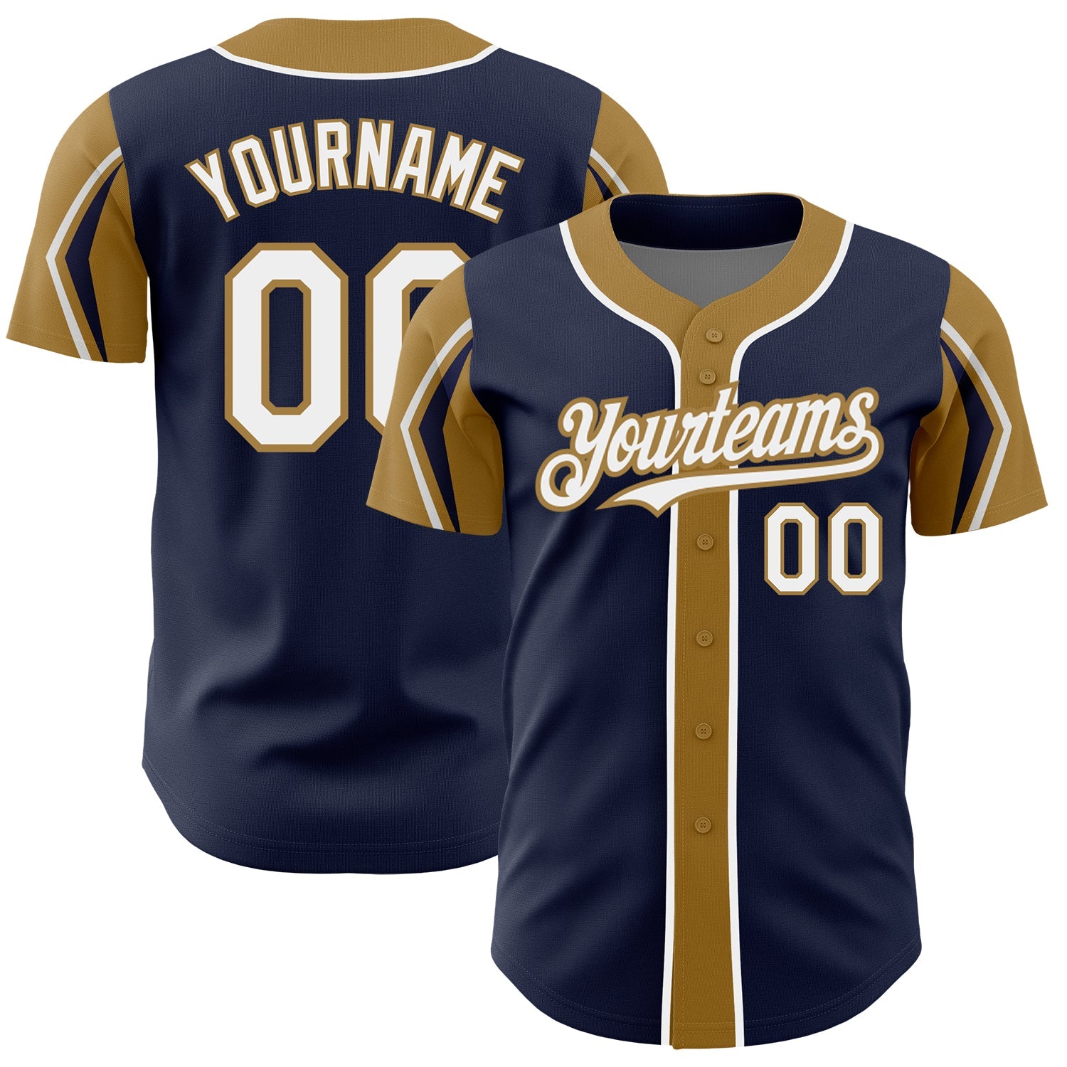 Custom Navy White-Old Gold 3 Colors Arm Shapes Authentic Baseball Jersey - Main View
