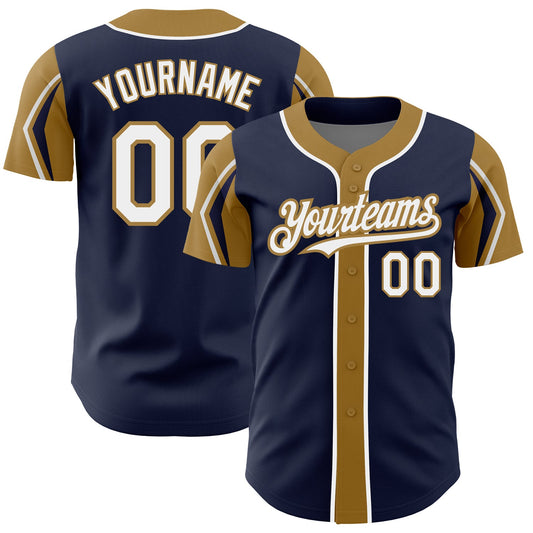 Custom Navy White-Old Gold 3 Colors Arm Shapes Authentic Baseball Jersey - Main View