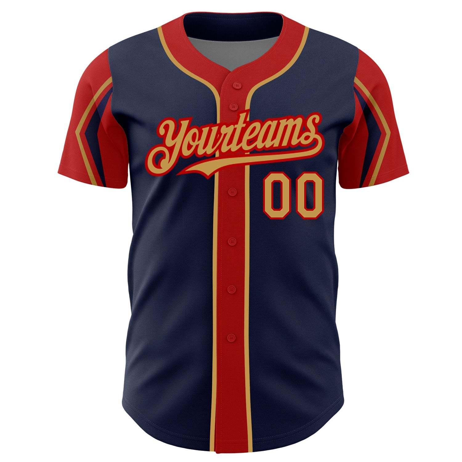 Custom Navy Old Gold-Red 3 Colors Arm Shapes Authentic Baseball Jersey view 3