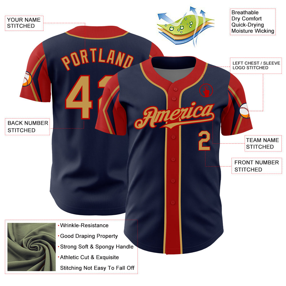 Custom Navy Old Gold-Red 3 Colors Arm Shapes Authentic Baseball Jersey view 4
