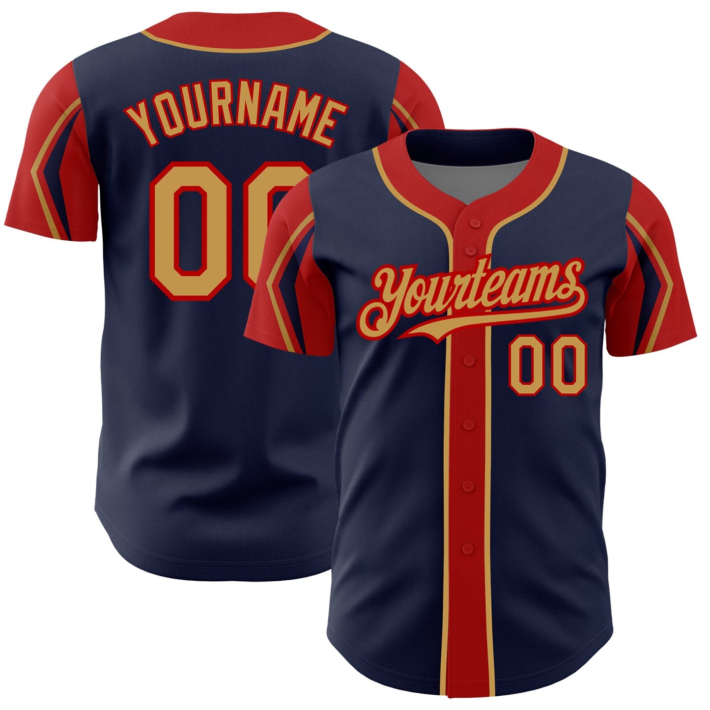 Custom Navy Old Gold-Red 3 Colors Arm Shapes Authentic Baseball Jersey - Main View
