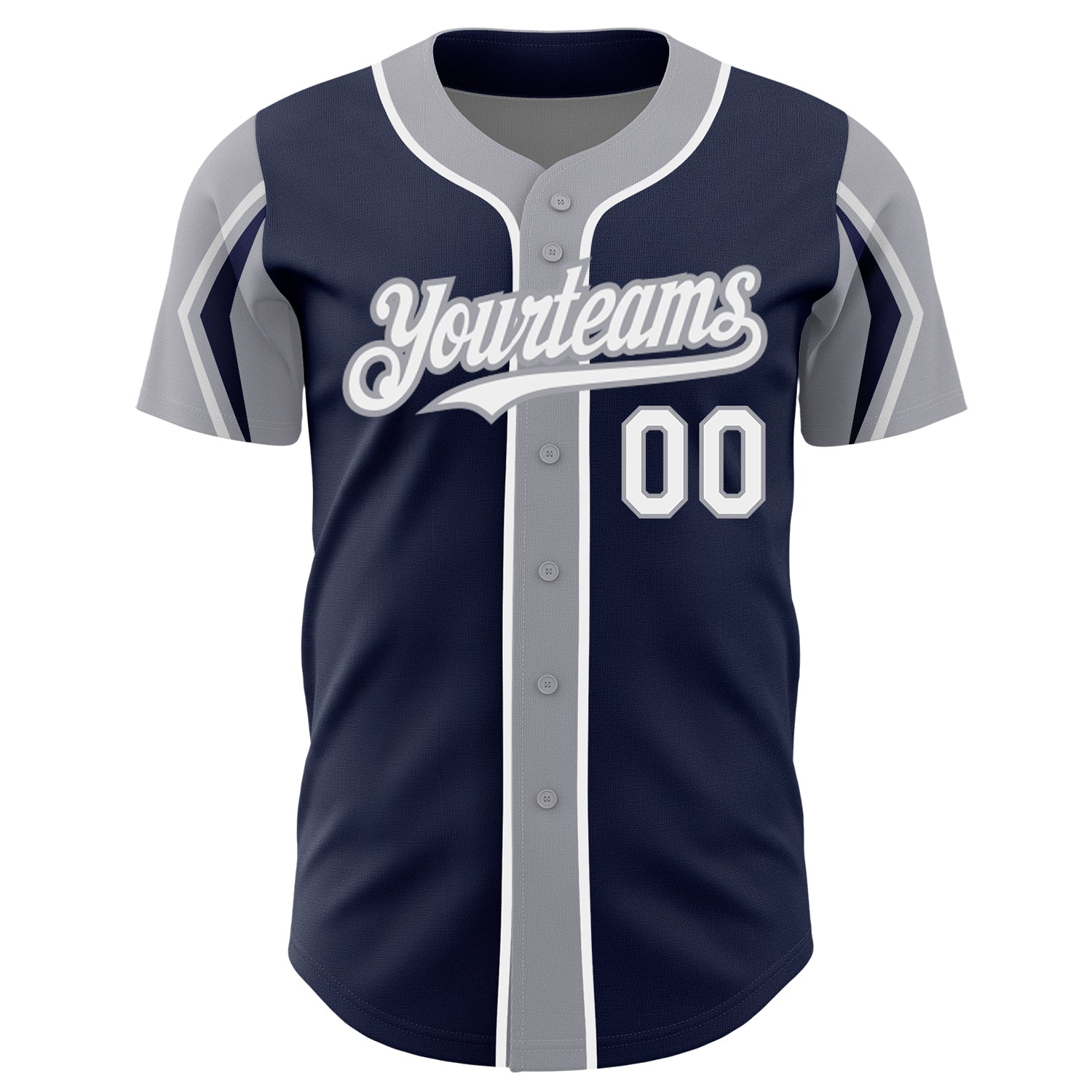 Custom Navy White-Gray 3 Colors Arm Shapes Authentic Baseball Jersey view 3