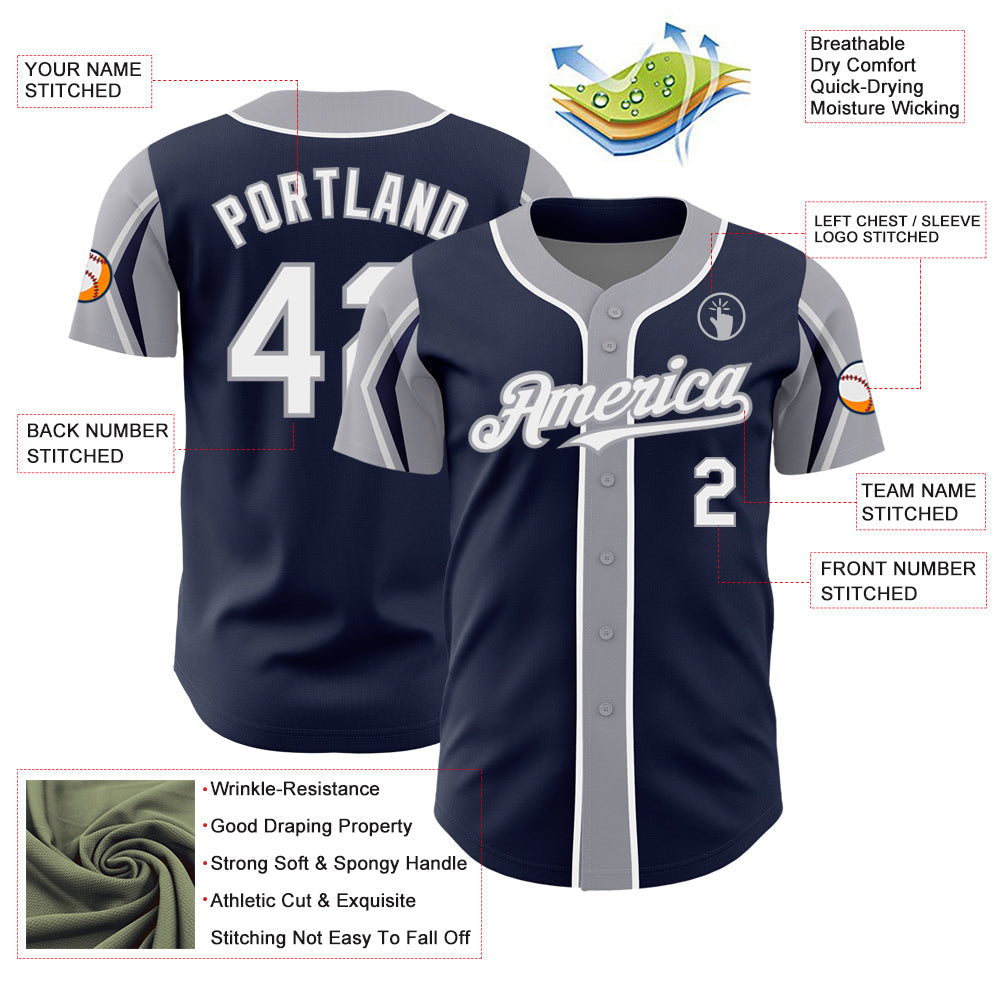 Custom Navy White-Gray 3 Colors Arm Shapes Authentic Baseball Jersey view 4