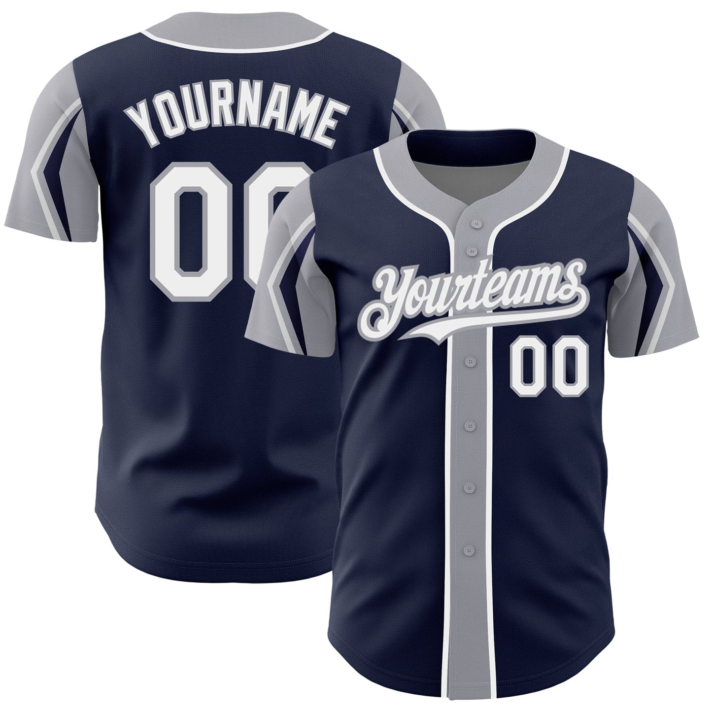 Custom Navy White-Gray 3 Colors Arm Shapes Authentic Baseball Jersey - Main View