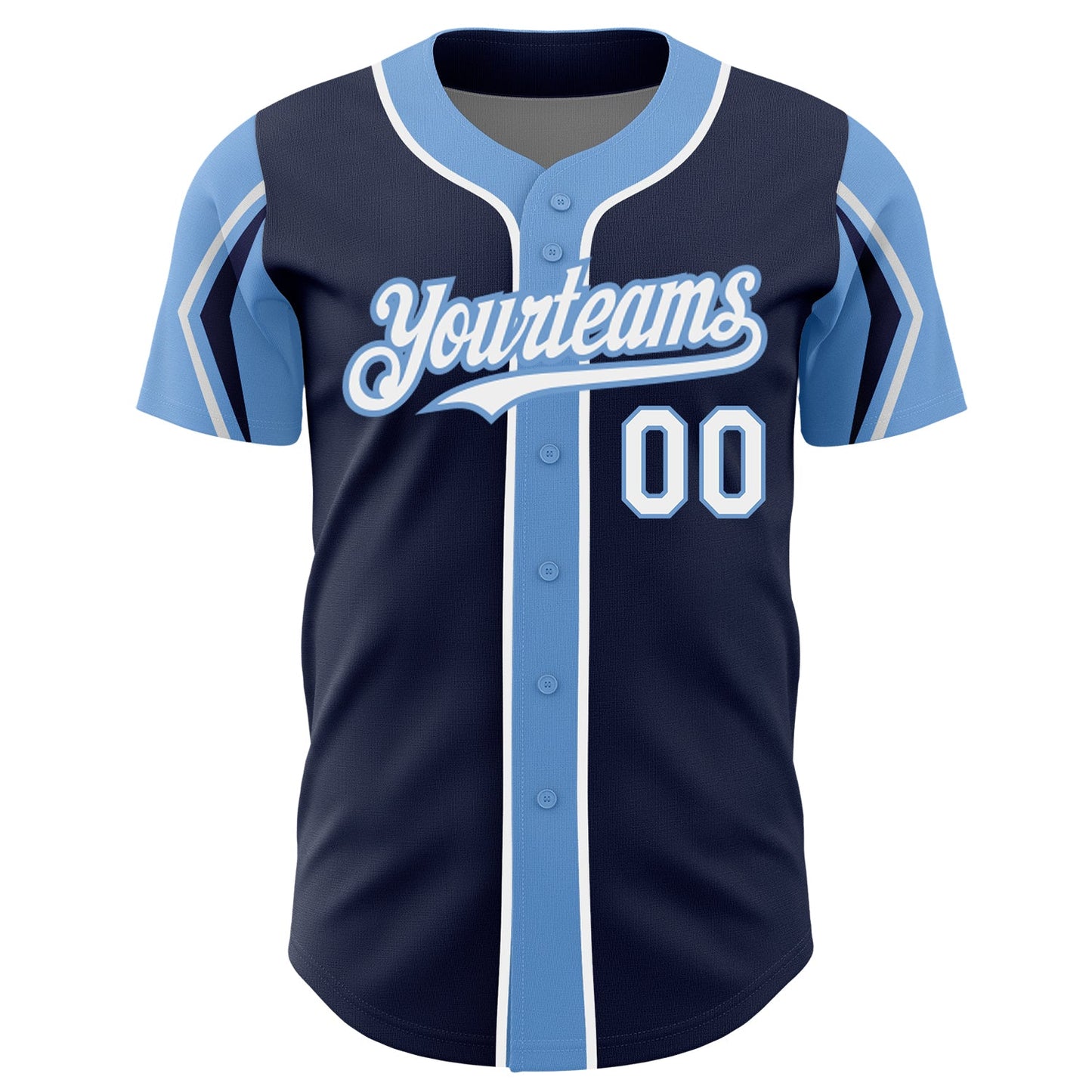 Custom Navy White-Light Blue 3 Colors Arm Shapes Authentic Baseball Jersey view 3