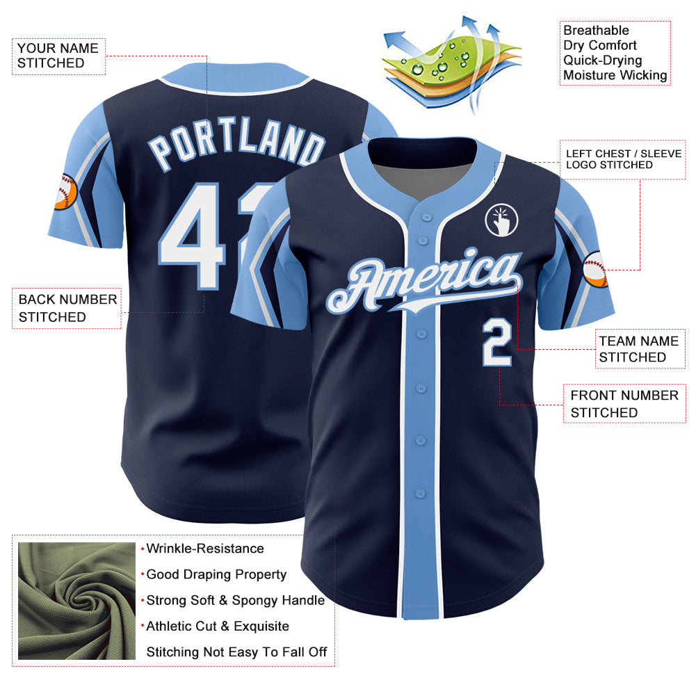 Custom Navy White-Light Blue 3 Colors Arm Shapes Authentic Baseball Jersey view 4