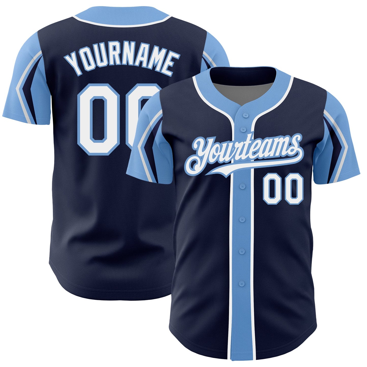 Custom Navy White-Light Blue 3 Colors Arm Shapes Authentic Baseball Jersey - Main View