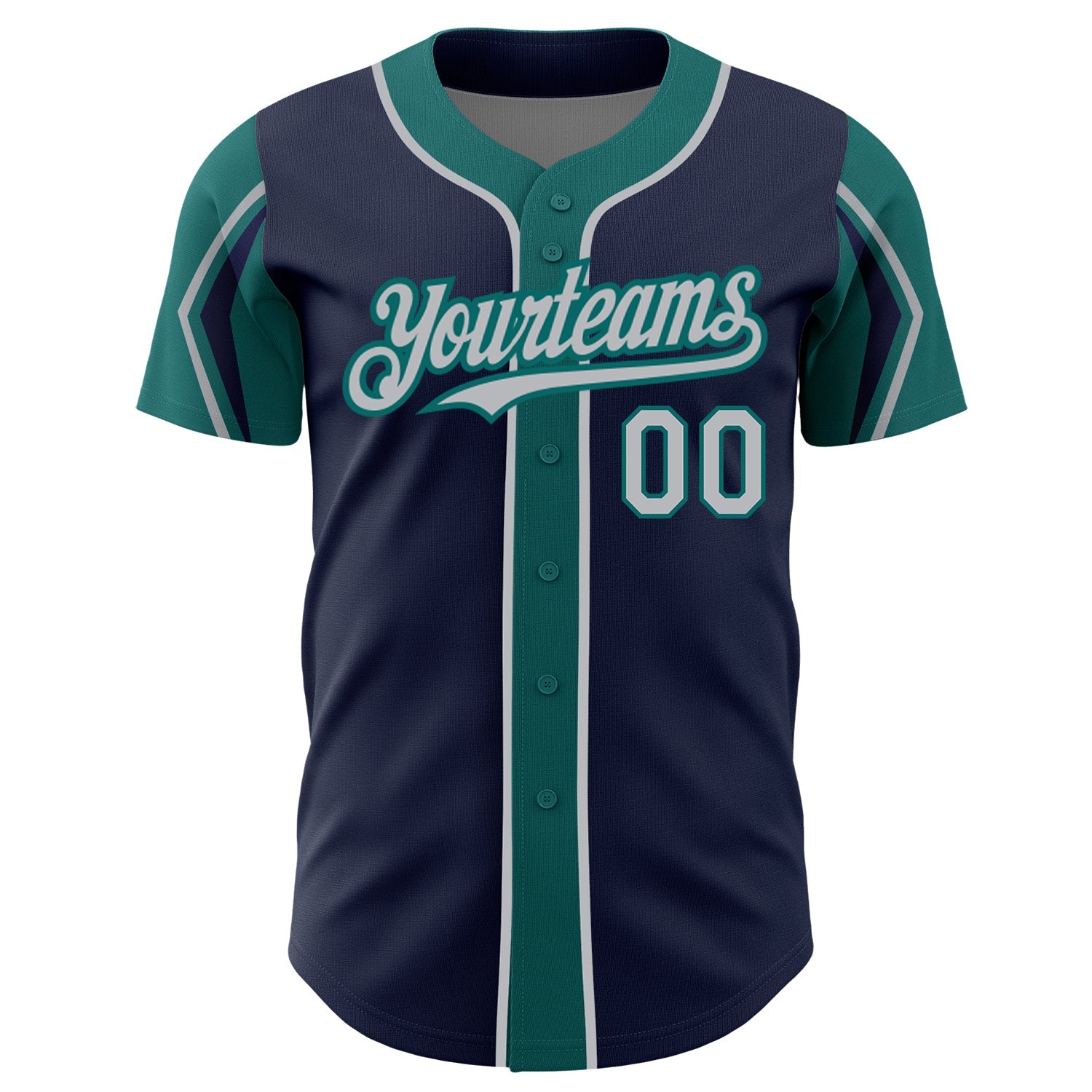 Custom Navy Gray-Teal 3 Colors Arm Shapes Authentic Baseball Jersey view 3