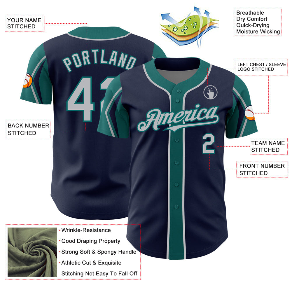 Custom Navy Gray-Teal 3 Colors Arm Shapes Authentic Baseball Jersey view 4