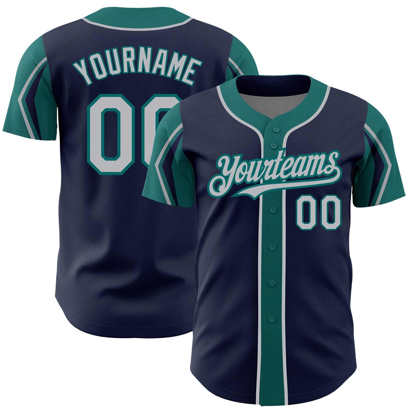 Custom Navy Gray-Teal 3 Colors Arm Shapes Authentic Baseball Jersey - Main View