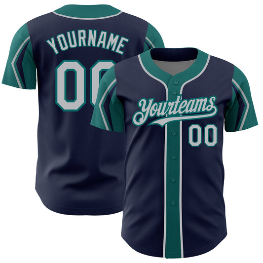 Custom Navy Gray-Teal 3 Colors Arm Shapes Authentic Baseball Jersey - Main View