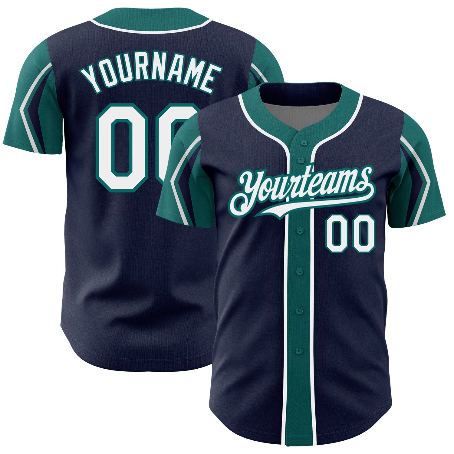 Custom Navy White-Teal 3 Colors Arm Shapes Authentic Baseball Jersey - Main View