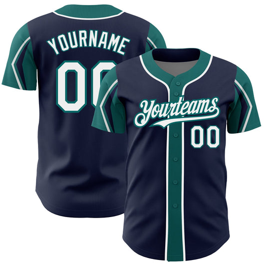Custom Navy White-Teal 3 Colors Arm Shapes Authentic Baseball Jersey - Main View