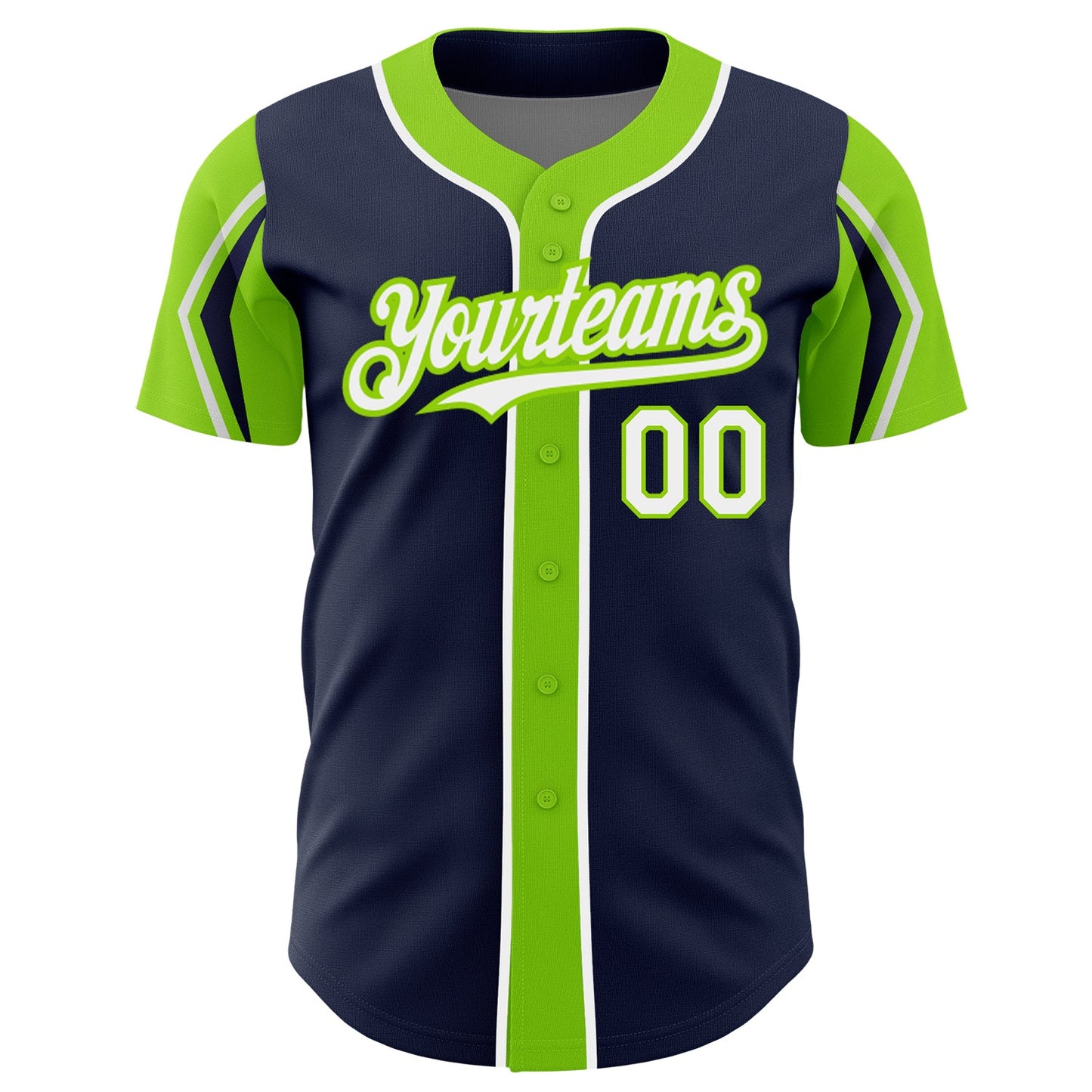 Custom Navy White-Neon Green 3 Colors Arm Shapes Authentic Baseball Jersey view 3