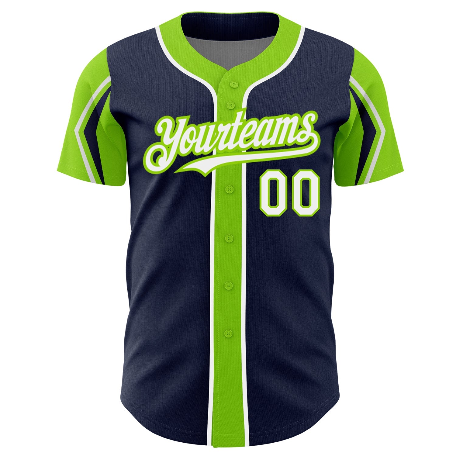 Custom Navy White-Neon Green 3 Colors Arm Shapes Authentic Baseball Jersey view 3