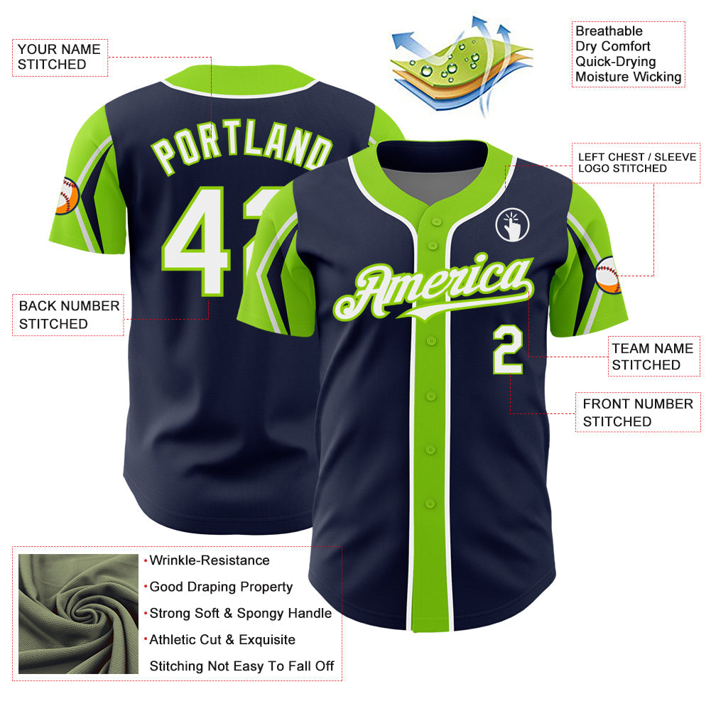 Custom Navy White-Neon Green 3 Colors Arm Shapes Authentic Baseball Jersey view 4
