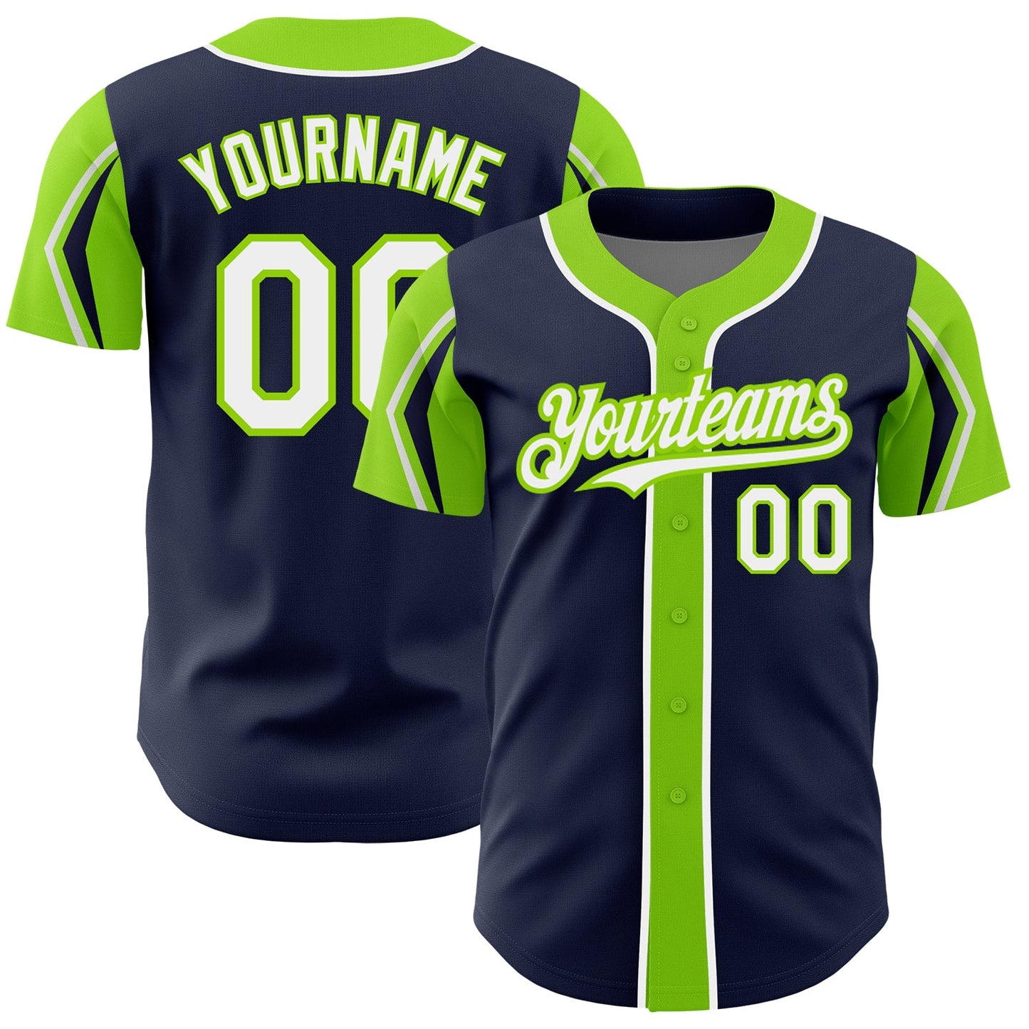 Custom Navy White-Neon Green 3 Colors Arm Shapes Authentic Baseball Jersey - Main View