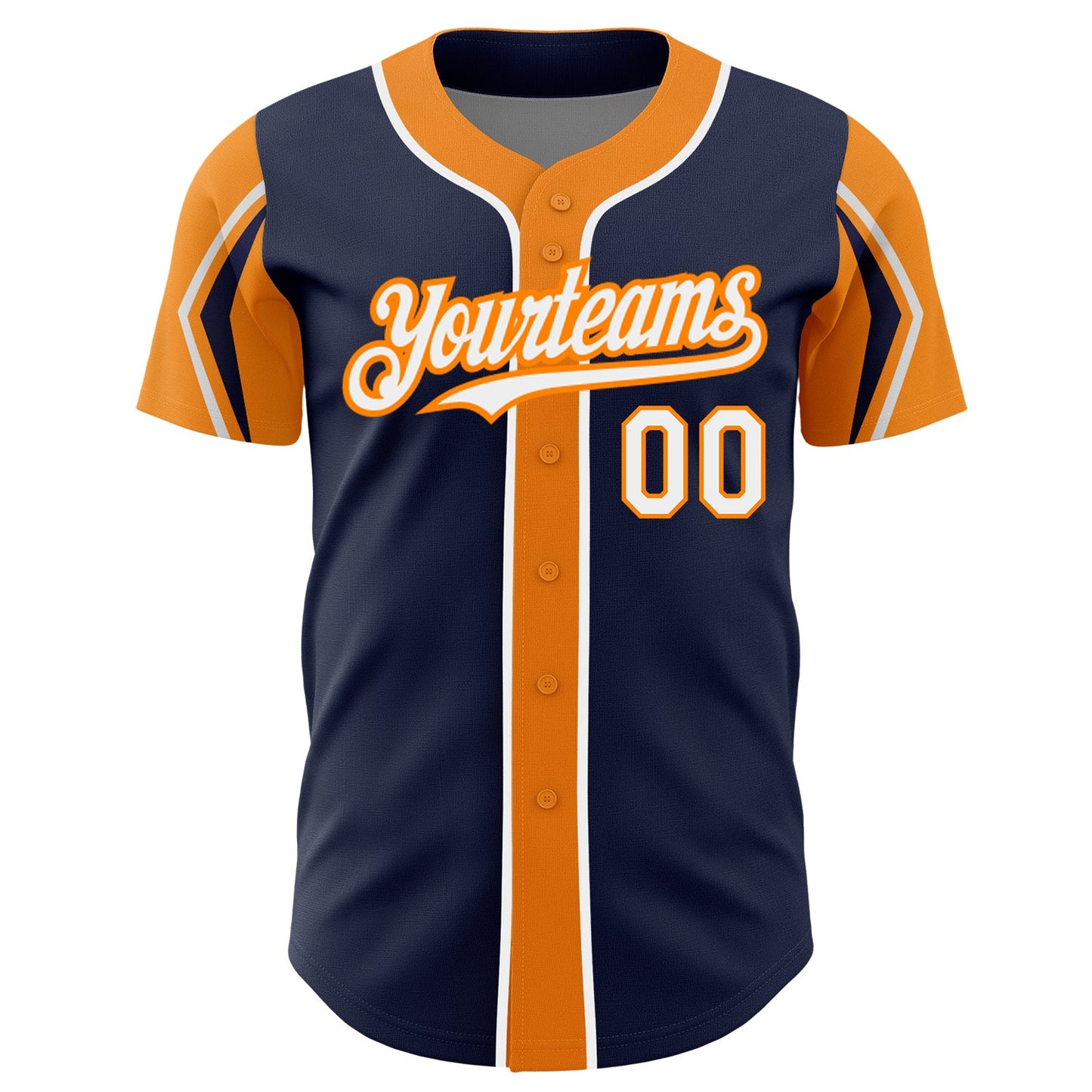 Custom Navy White-Bay Orange 3 Colors Arm Shapes Authentic Baseball Jersey view 3