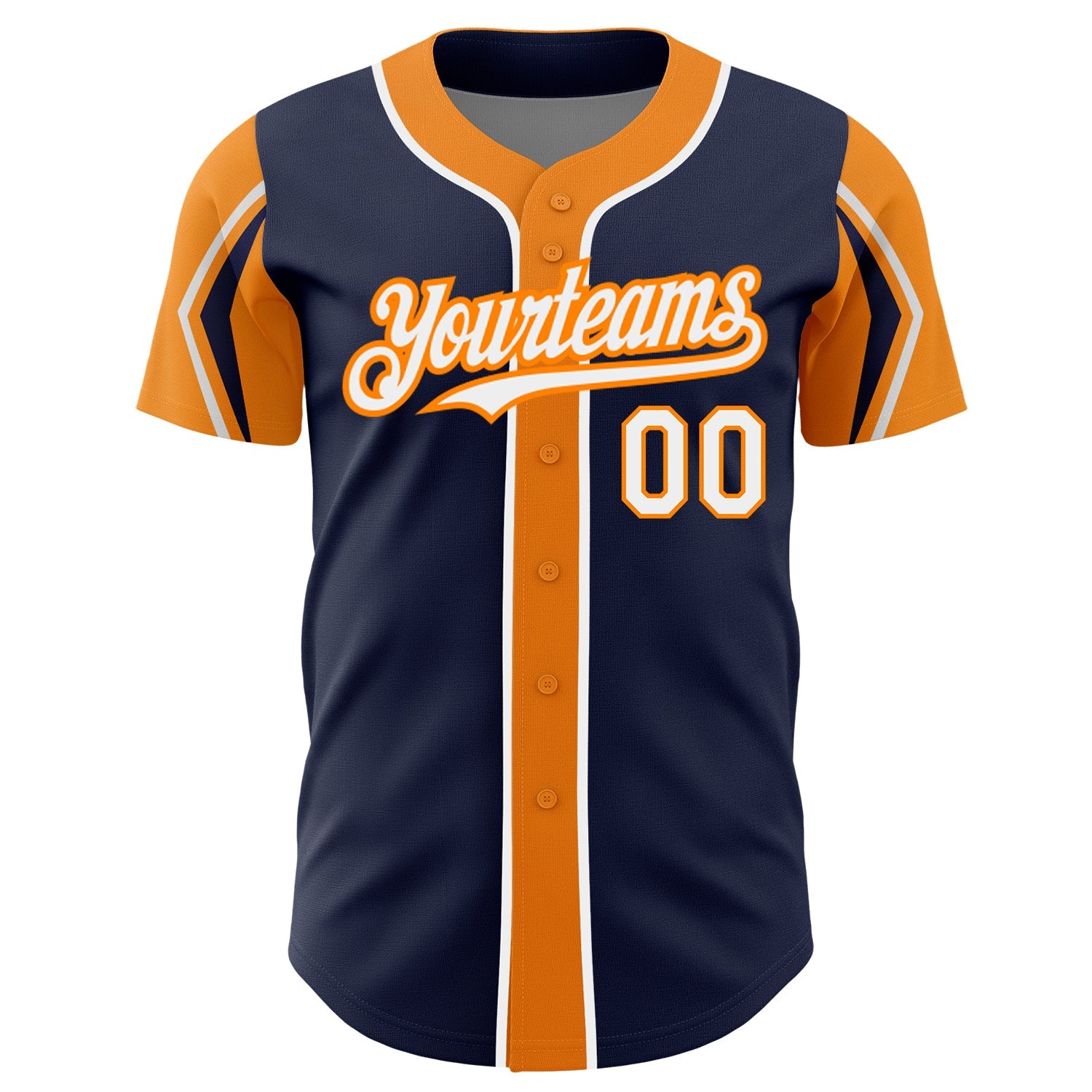 Custom Navy White-Bay Orange 3 Colors Arm Shapes Authentic Baseball Jersey view 3