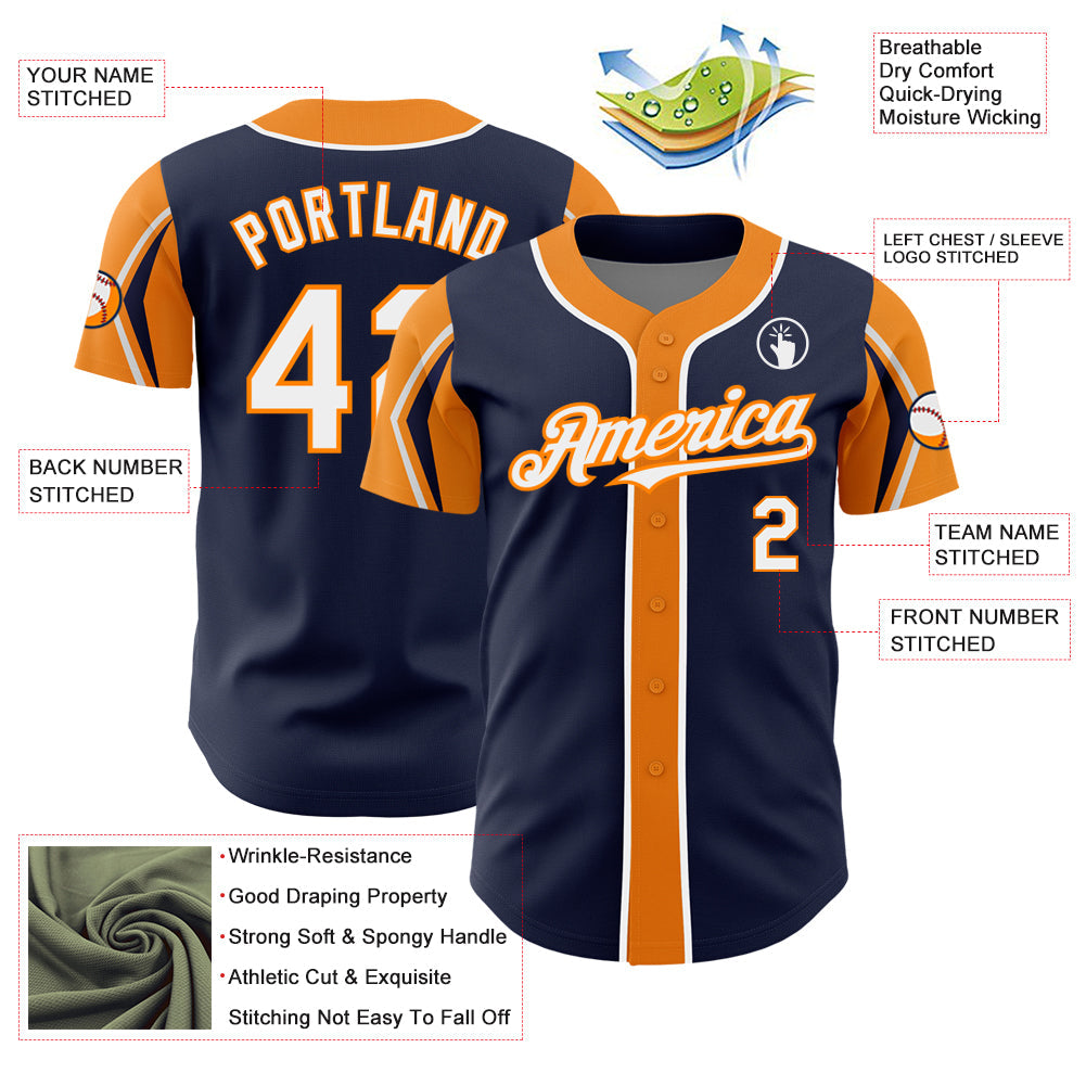 Custom Navy White-Bay Orange 3 Colors Arm Shapes Authentic Baseball Jersey view 4