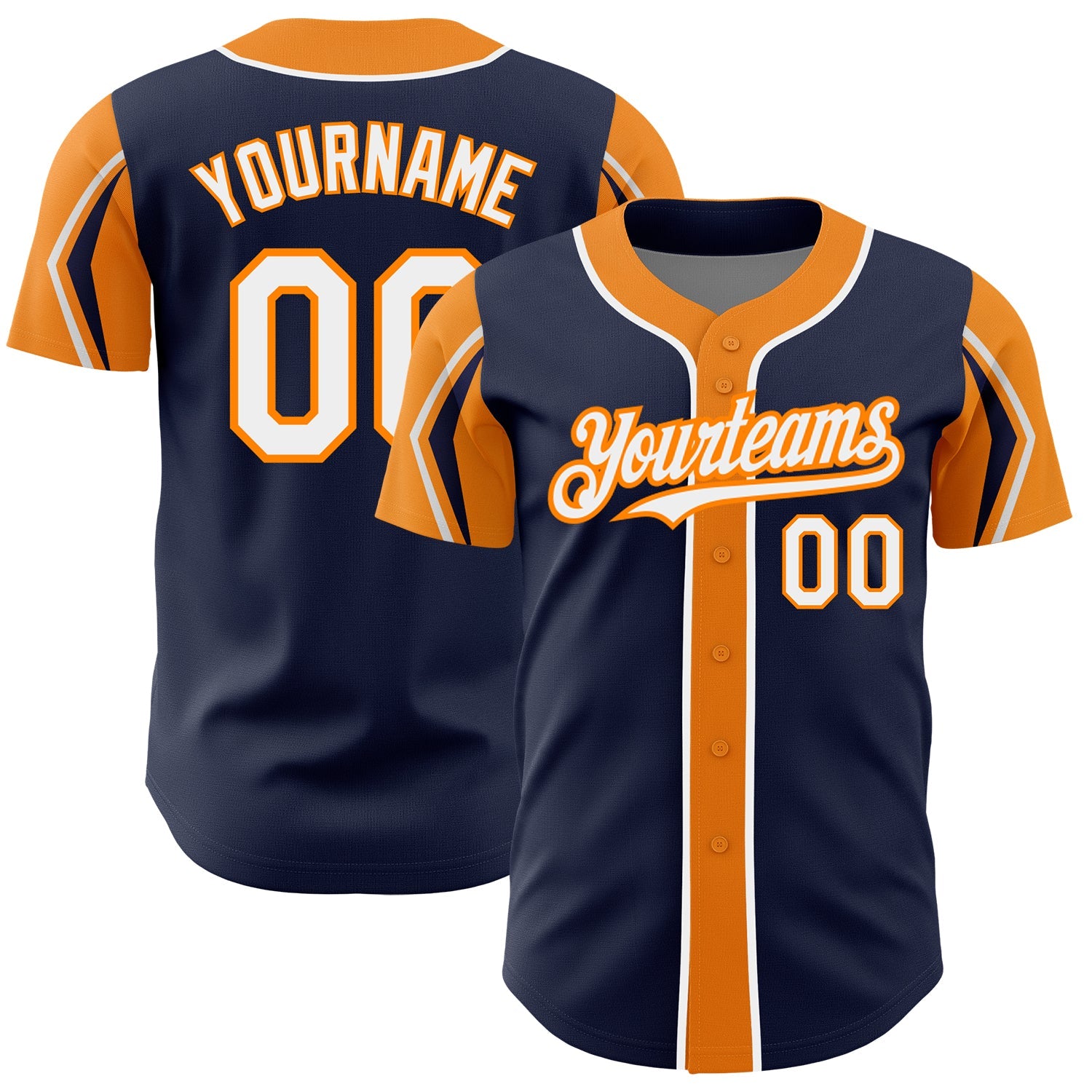 Custom Navy White-Bay Orange 3 Colors Arm Shapes Authentic Baseball Jersey - Main View